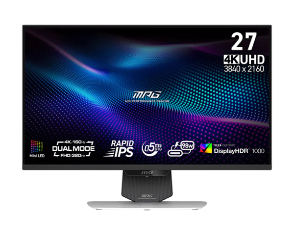 MSI MPG 274URDFW E16M 27" 16:9 UHD(3840x2160) Rapid IPS Flat, 0.5ms(GTG), 1000:1,100M:1,400nits, 2xHDMI, DP, USB-C, 2xUSB-A, USB-B, Tilt,Swivel,Height,Pivot,VESA,UHD:160Hz,FHD:320Hz,White,1y w-ty