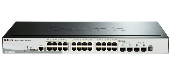 Фото D-Link DGS-1510-28P/A1A, PROJ L2+ Smart Switch with 24 10/100/1000Base-T ports and 2 1000Base-X SFP ports and 2 10GBase-X SFP+ ports (24 PoE ports 802.3af/802.3at (30 W), PoE Budget 193W).16K Mac add