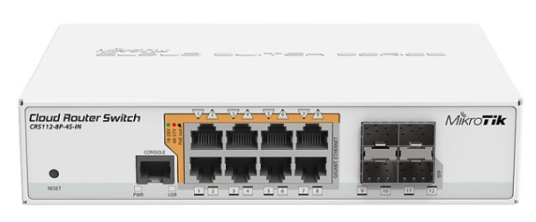 MikroTik Cloud Router Switch 112-8P-4S-IN with QCA8511 400Mhz CPU, 128MB RAM, 8xGigabit LAN with PoE-out, 4xSFP, RouterOS L5, desktop case, PSU