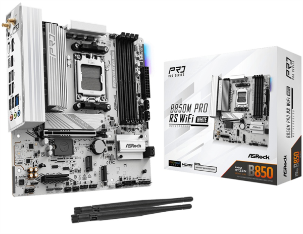 ASROCK B850M PRO RS WIFI WHITE, AM5, B850, 4*DDR5, 4*SATA, 3*M.2, 4*USB 2.0, 3*USB 3.2, Type-C, 2*PCIx16, 1*M.2 (Key E), HDMI+DP, mATX