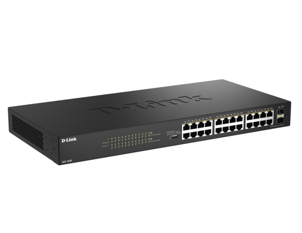 Фото D-Link Конфигурируемый PoE-коммутатор, 24x1000Base-T PoE, 2x1000Base-X SFP, PoE-бюджет 240 Вт, дальность PoE до 250 м, DIP-переключатель, корпус металл
