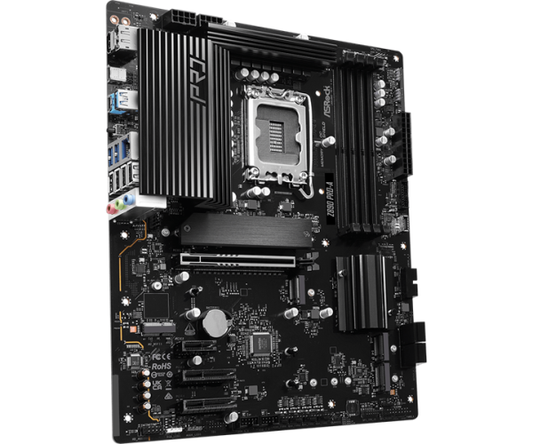 Фото ASROCK Z890 PRO-A, LGA1851, Z890, 4*DDR5, 4*SATA, 4*M.2, 4*USB 3.2, 4*USB 2.0, Type-C, 1*PCIx16, 2*PCIx4, 1*M.2 (Key E), HDMI+DP, ATX