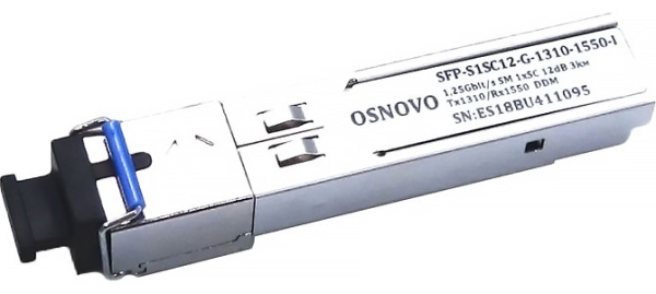 OSNOVO SFP-S1SC12-G-1310-1550-I Оптический SFP Модуль промышленный. Одно волокно Single Mode. Скорость: до 1,25 Гбит/c. Тип разъема: SC. Оптический бюджет: 12дБ. Расстояние передачи - до 3км. Рабочая