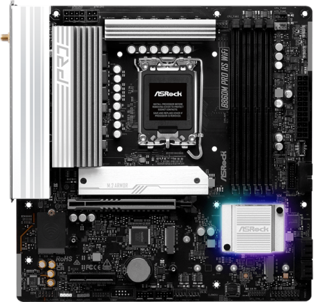 Фото ASROCK B860M PRO RS WIFI, LGA1851, B860, 4*DDR5, 4*SATA, 4*M.2, 6*USB 3.2, 2*USB 2.0, Type-C, 2*PCIx16, 1*M.2 (Key E), HDMI+DP, mATX