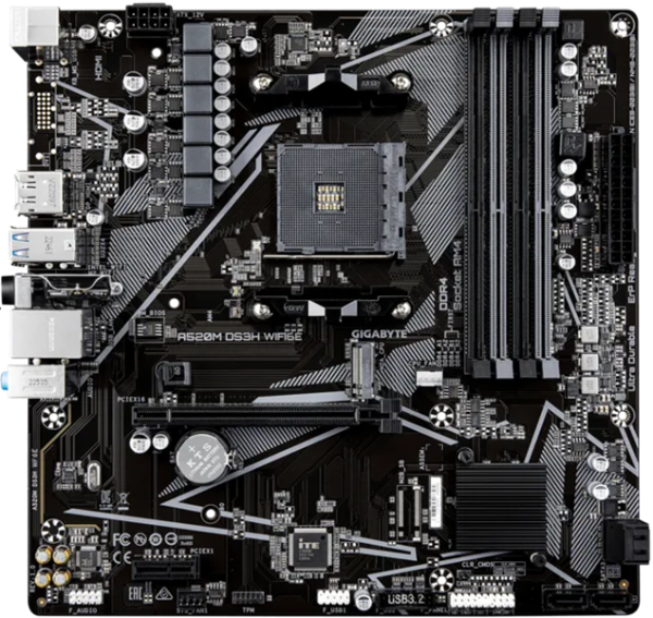 Фото GIGABYTE A520M DS3H WF6E, AM4, A520, 4*DDR4, 4*SATA, 1*M.2, 4*USB 3.2, 2*USB 2.0, 1*PCIx16, 1*PCIx1, DP+HDMI, mATX