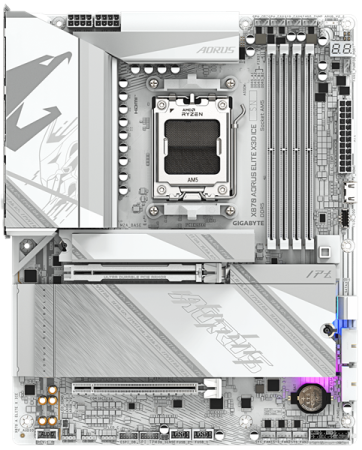 Фото GIGABYTE X870 AORUS ELITE X3D ICE, AM5, X870, 4*DDR5, 2*SATA, 4*M.2, 6*USB 3.2, 1*USB 2.0, 2*Type-C, 3*PCIx16, HDMI, ATX