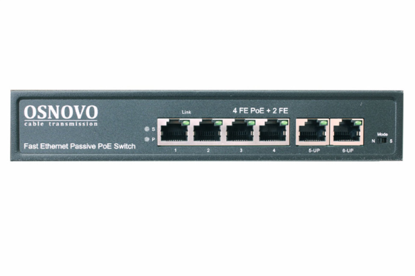 Фото OSNOVO SW-20600/A(80W) Passive PoE коммутатор Fast Ethernet на 6 портов. Порты: 4 х FE (10/100 Base-T, 52V 4,5(+) 7,8(–)) совместимы с PoE (IEEE 802.3af/at), 2 x FE (10/100 Base-T) Uplink. Совместим с