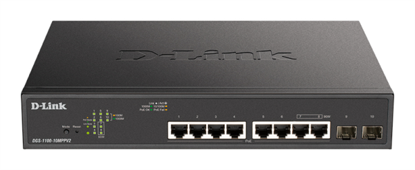 Фото D-Link Настраиваемый L2 PoE-коммутатор, 8х1000Base-T PoE (2 порта 802.3bt 90 Вт), 2x1000Base-X SFP, PoE-бюджет 242 Вт