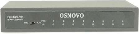 Фото OSNOVO SW-10800 Неуправляемый коммутатор Fast Ethernet на 8 RJ45 портов. Порты: 8 x FE (10/100Base-TX). Изоляция портов (VLAN). Auto MDI/MDIX Встроенная грозозащита 3кВ. В комплекте БП DC12V(1A). Разм