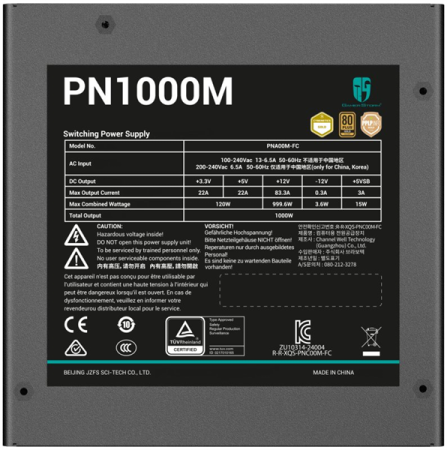 Фото Deepcool GAMERSTORM PN1000M (ATX 3.1, 1000W, Full Cable Management, PWM 135mm fan, Active PFC, 80+ GOLD, Active PFC + Full Bridge SRC LLC + DC/DC ,Gen5 PCIe) RET (R-PNA00M-FC0B-WGEU)