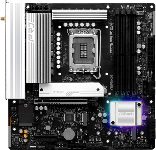 Фото ASROCK B860M PRO RS WIFI, LGA1851, B860, 4*DDR5, 4*SATA, 4*M.2, 6*USB 3.2, 2*USB 2.0, Type-C, 2*PCIx16, 1*M.2 (Key E), HDMI+DP, mATX