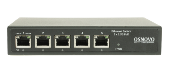 Фото OSNOVO SW-5D-1(60W) PoE коммутатор 2.5G Ethernet на 5 RJ45 портов. Порты: 1 x 2.5G (10/100/1000/2500Base-TX) с PoE (до 60W, A+B) + 3 x 2.5G (10/100/1000/2500Base-TX) с PoE (до 30W), 1 x 2.5G (10/100/1