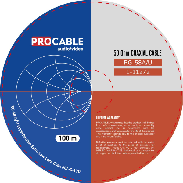 Фото Кабель коаксиальный радиочастотный RG-58 A/U, 50 Ом медь 100м черный PROCABLE-AV Superflexible Extra Low Loss Coaxial Cable