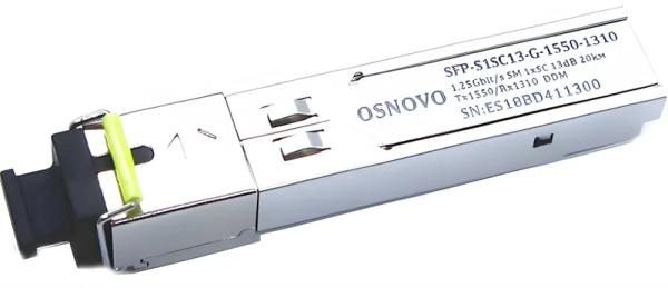 OSNOVO SFP-S1SC13-G-1550-1310 Оптический SFP Модуль. Одно волокно Single Mode. Скорость: до 1,25 Гбит/c. Тип разъема: SC. Оптический бюджет: 13дБ. Расстояние передачи - до 20км. Рабочая длина волны,нм