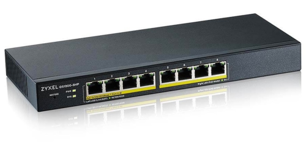 Smart L2 PoE+ Zyxel GS1900-8HP, 8xGE PoE+, настольный, бесшумный, бюджет PoE 70 Вт