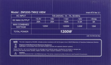 Фото Zalman ZM1200-TMX2 VIEW, 1200W, ATX12V v3.0, APFC, 12cm Fan, 80+ Gold Gen5, Full Modular, side ARGB lights, Retail