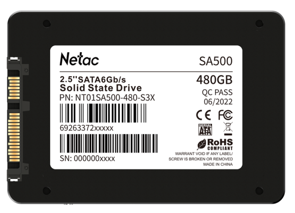 Фото Netac SSD SA500 480GB 2.5 SATAIII 3D NAND, R/W up to 520/450MB/s, TBW 240TB, 3y wty
