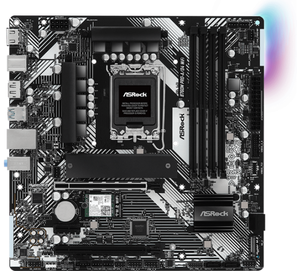 Фото ASROCK B760M PRO-A/D4 WIFI, LGA1700, B760, 4*DDR4, 4*SATA, 2*M.2, 3*USB 3.2, 2*USB 2.0, Type-C, 2*PCIx16, 1*PCIx1, 1*M.2 (Key E), HDMI+DP, mATX