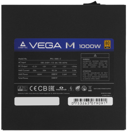 Фото Chieftec Vega M PPG-1000-C (ATX 3.1, 1000W, 80 PLUS GOLD, Active PFC, 135mm fan, Gen5 PCIe, Full Cable Management) Retail