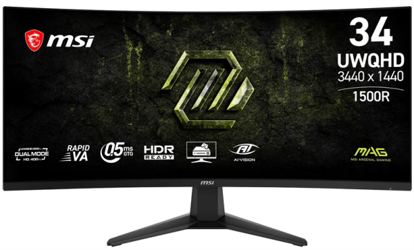 MSI MAG 346CQDF E20 34" 21:9 UWQHD(3440x1440) Rapid VA Curve 1500R, 4000:1, 0,5ms(GTG), 100M:1,300nits,2xHDMI,DP,Tilt,IntPower,VESA,UWQHD:200Hz HD:400Hz,Black,1y w-ty
