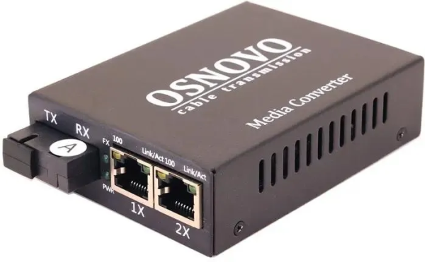 OSNOVO OMC-100-21S5a Оптический медиаконвертер Fast Ethernet. 2 медных порта (RJ45) 10/100Base-T (IEEE 802.3i, IEEE 802.3u, IEEE 802.3x), 1 оптический порт (SC, tx1310нм/rx1550нм) 100Base-FX. Дальност