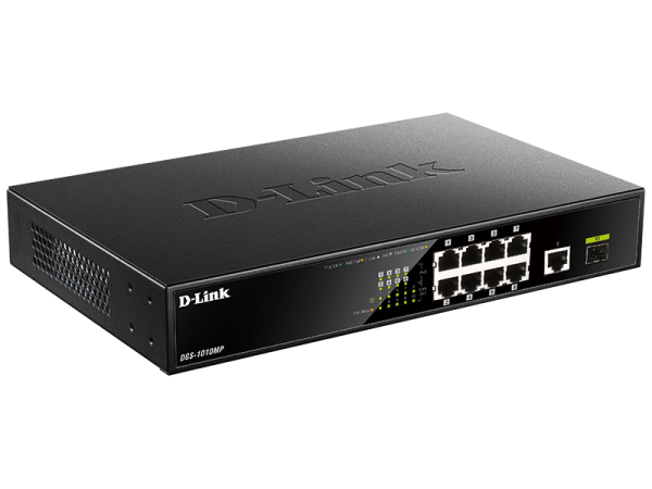 Фото D-Link Неуправляемый PoE-коммутатор, 9x1000Base-T (8x1000Base-T PoE), 1x1000Base-X SFP, PoE-бюджет 125 Вт, корпус металл