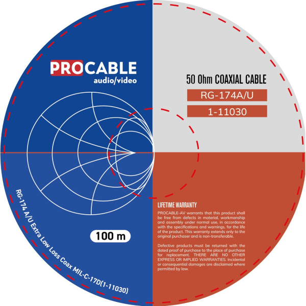 Фото Кабель коаксиальный радиочастотный RG-174A/U, 50 Ом 100м черный PROCABLE-AV Extra Low Loss Coaxial Cable