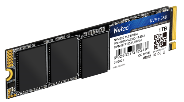 Фото Netac SSD NV2000 1TB PCIe 3 x4 M.2 2280 NVMe 3D NAND, R/W up to 2500/2100MB/s, IOPS(R4K) 150K/280K, TBW 600TB, 5y wty