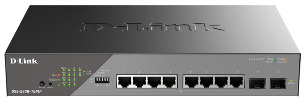 Фото D-Link Настраиваемый L2 PoE-коммутатор, 8x1000Base-T PoE, 2x1000Base-X SFP, PoE-бюджет 130 Вт, дальность PoE до 250 м