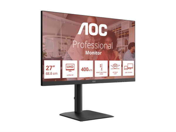 Фото 27" AOC 3840x2160 WLED 16:9 IPS 400cd, 1200:1, 20M:1, 4ms, 178°/178°, 2xHDMI, DP, USB hub: 4*USB3.2, USB-C(90W), RJ45, 60Hz, Speakers, Tilt, Height, Swivel, Pivot, VESA, Internal, Black, 3y