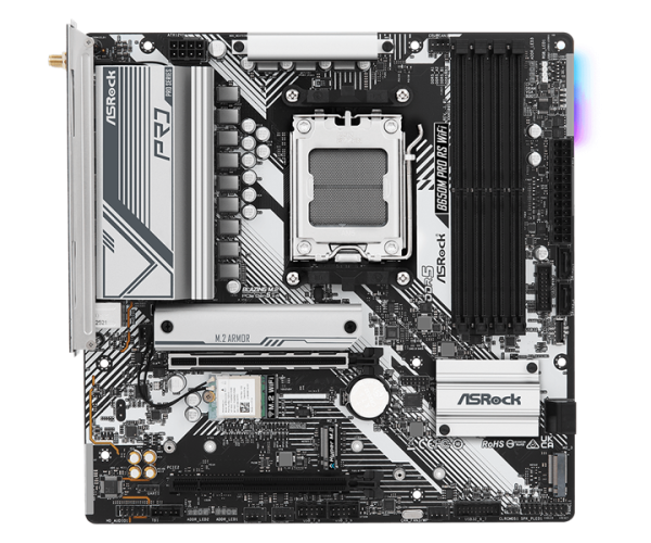 Фото ASROCK B650M PRO RS WIFI, AM5, B650, 4*DDR5, 4*SATA, 3*M.2, 3*USB 3.2, 4*USB 2.0, Type-C, 2*PCIx16, 1*M.2 (Key E), HDMI+DP, mATX