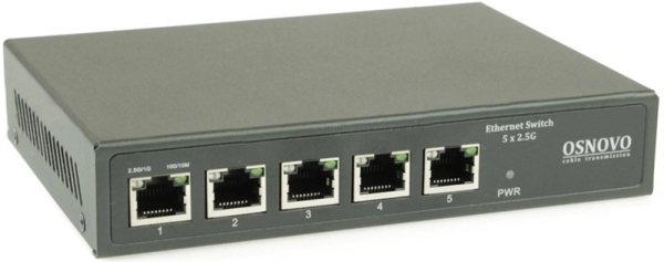OSNOVO SW-5D-1 Коммутатор 2.5G Ethernet на 5 RJ45 портов. Порты: 5 x 2.5G (10/100/1000/2500Base-TX). Auto MDI/MDIX. Встроенная грозозащита 3кВ. В комплекте БП DC12V(2A). Размеры (ШхВхГ): 160x31x112мм.