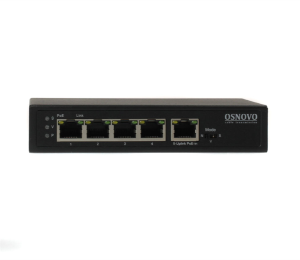 Фото OSNOVO SW-8050/D PoE Коммутатор/удлинитель Gigabit Ethernet на 5 портов c питанием по PoE. Расстояние передачи данных + PoE - 100м. Порты: 4 х GE (10/100/1000 Base-T) с поддержкой PoE, GE (10/100/1000