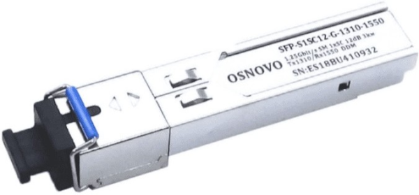 OSNOVO SFP-S1SC12-G-1310-1550 Оптический SFP Модуль. Одно волокно Single Mode. Скорость: до 1,25 Гбит/c. Тип разъема: SC. Оптический бюджет: 12дБ. Расстояние передачи - до 3км. Рабочая длина волны,нм