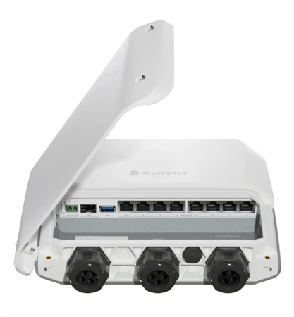 Фото MikroTik RB5009UPR+S+OUToutdoor heavy-duty PoE router1x 2.5 Gigabit Ethernet, 10G SFP+, 1GB of RAM, 1GB NAND, modern quad-core CPU, 9 (!) powering options, durable IP66 waterproof enclosure.