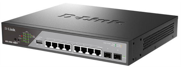 Фото D-Link Настраиваемый L2 PoE-коммутатор, 8x1000Base-T PoE 802.3bt 90 Вт, 2x1000Base-X SFP, PoE-бюджет 242 Вт, дальность PoE до 250 м