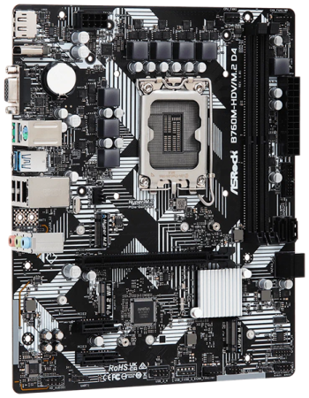 Фото ASROCK B760M-HDV/M.2 D4, LGA1700, B760, 2*DDR4, 4*SATA, 2*M.2, 3*USB 3.2, 2*USB 2.0, Type-C, 1*PCIx16, 2*PCIx1, 1xM.2 (Key E), HDMI+D-Sub+DP, mATX