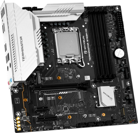 Фото MAXSUN MS-Terminator B760M D5 V2, LGA1700, B760, 4*DDR5, 4*SATA3, 3*M.2, 2*USB 3.2, 3*USB 2.0, 1*PCIEx16, 1*PCIEx4, 1*PCIEx1, DP+HDMI, mATX