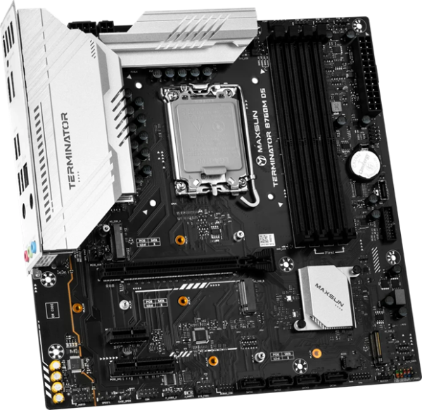 Фото MAXSUN MS-Terminator B760M D5 V2, LGA1700, B760, 4*DDR5, 4*SATA3, 3*M.2, 2*USB 3.2, 3*USB 2.0, 1*PCIEx16, 1*PCIEx4, 1*PCIEx1, DP+HDMI, mATX