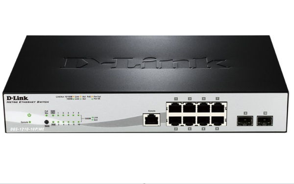 Фото D-Link Управляемый L2 PoE-коммутатор, 8x1000Base-T PoE, 2x1000Base-X SFP, PoE-бюджет 78 Вт, защита от статического электричества до 6 кВ, CLI, консольный порт RJ-45
