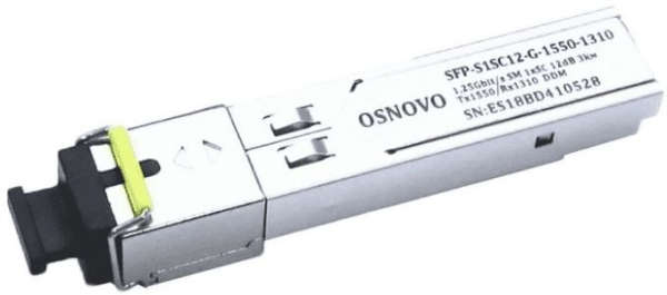 OSNOVO SFP-S1SC12-G-1550-1310 Оптический SFP Модуль. Одно волокно Single Mode. Скорость: до 1,25 Гбит/c. Тип разъема: SC. Оптический бюджет: 12дБ. Расстояние передачи - до 3км. Рабочая длина волны,нм
