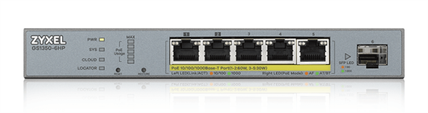 Фото Smart L2 коммутатор PoE+ для IP-видеокамер Zyxel NebulaFlex Pro GS1350-6HP, 4xGE PoE+, 1xGE PoE++ (802.3bt), 1xSFP, бюджет PoE 60 Вт, питание до 250м, автоперезагрузка PoE-портов
