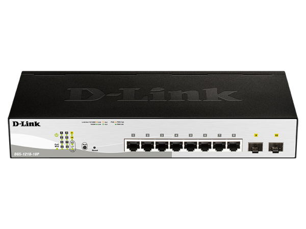 Фото D-Link Управляемый L2 PoE-коммутатор, 8x1000Base-T PoE, 2x1000Base-X SFP, PoE-бюджет 65 Вт, защита от статического электричества до 6 кВ, CLI