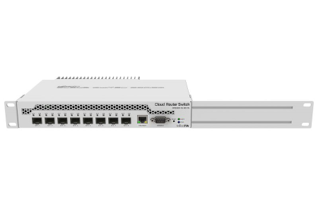 Фото MikroTik Cloud Router Switch 309-1G-8S+IN with Dual core 800MHz CPU, 512MB RAM, 1xGigabit LAN, 8 x SFP+ cages, RouterOS L5 or SwitchOS (dual boot), passive desktop case, rackmount ears, PSU