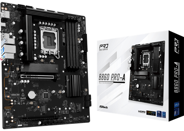 ASROCK B860 PRO-A, LGA1851, B860, 4*DDR5, 4*SATA, 4*M.2, 6*USB 3.2, 2*USB 2.0, Type-C, 2*PCIx16, 1*M.2 (Key E), HDMI+DP, ATX
