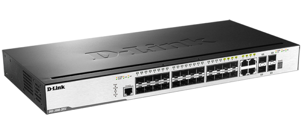 Фото D-Link PROJ Управляемый L2 стекируемый коммутатор, 20x1000Base-X SFP, 4x10GBase-X SFP+, 4xCombo 1000Base-T/SFP, защита от статического электричества до 6 кВ, CLI, консольный порт RJ-45, RPS
