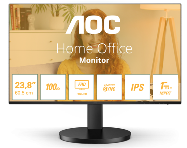 23,8" AOC 1920х1080 WLED 16:9 IPS 250cd, 1300:1, 20M:1, 4ms, 178/178, VGA, HDMI, 100Hz, Speakers, Tilt, Internal, VESA, Black, 3y