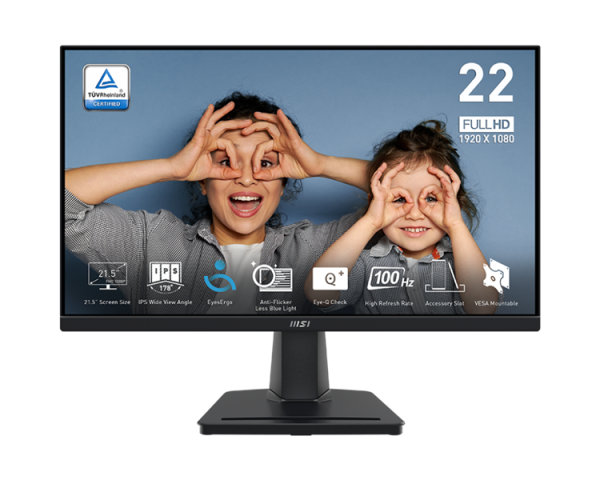 Монитор MSI PRO MP225 21.5" 16:9 FHD(1920x1080) IPS Flat,1ms(MPRT),1300:1,100M:1,250nit,178/178,HDMI 1.4,VGA(D-Sub),Tilt,VESA,100Hz,Black,1y war-ty