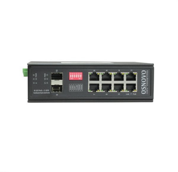 Фото OSNOVO SW-80802/I(Port 90W,300W) Промышленный HiPoE коммутатор Gigabit Ethernet на 8GE PoE + 2 GE SFP порта. Порты: 1 x GE (10/100/1000Base-T) с PoE BT (до 90W) + 7 x GE (10/100/1000Base-T) с PoE (до