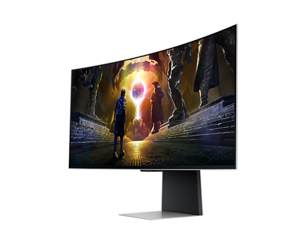 Фото Samsung 34" Odyssey OLED G8 G85SD S34DG852SI Curved OLED 21:9 3440x1440x175Hz 0,03ms 1M:1 250cd 1,07B 178/178 DP; HDMIx2 USB3.0x2 Smart TV Spk 10вт Tilt HAS Pivot БП внешн VESA Silver